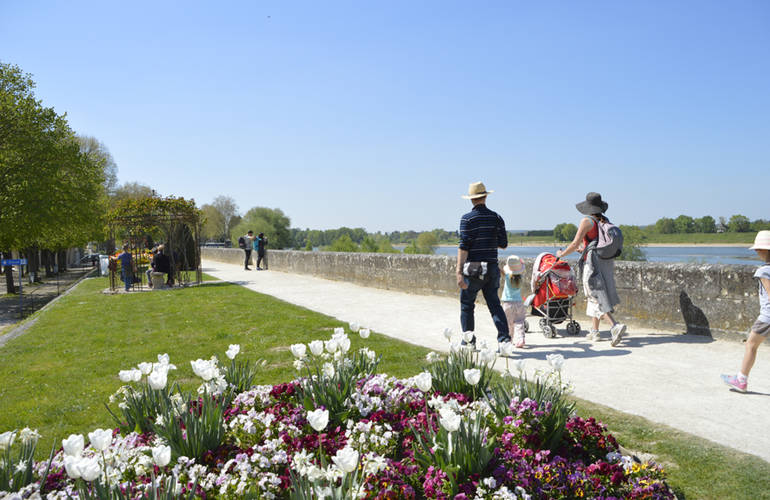 Une famille est plusieurs autres personnes se promènent sur les bords de Loire qui sont fleuris. Vue sur la Loire et un ciel bleu.