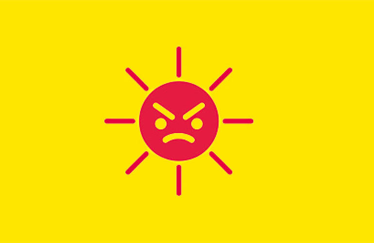 Fond jaune avec soleil rouge au regard méchant en dessin.