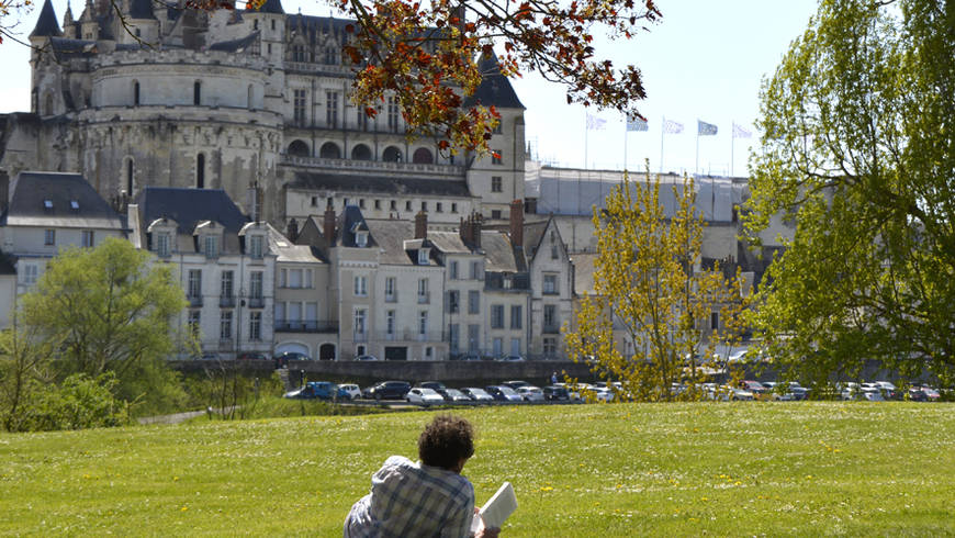 Sur l'Île d'Or, un homme est allongé dans l'herbe et lit un livre avec vue sur le château d'Amboise.