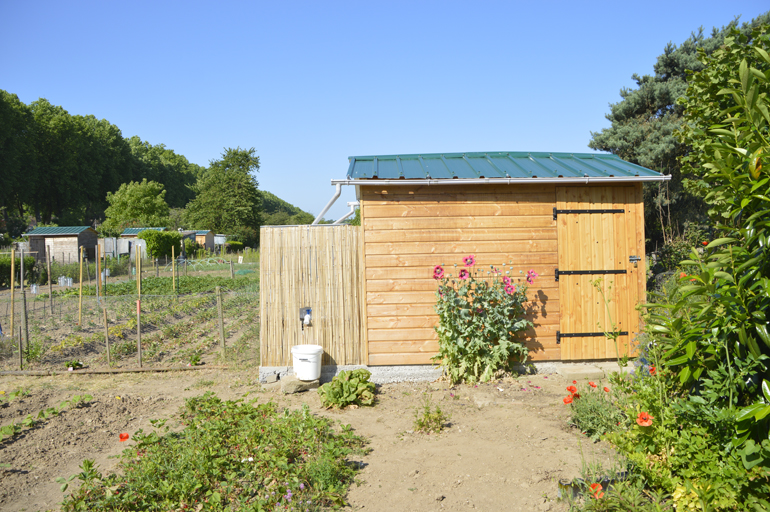 Jardins familiaux avec en gros plan une cabane en bois.